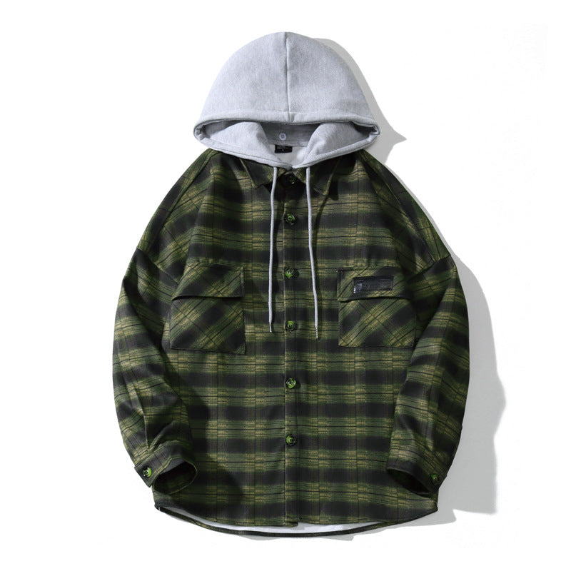 Hooded Plaid Shirt Men's Loose Casual Jacket Student