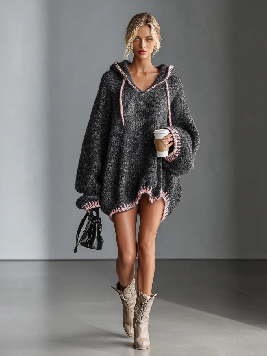 Fashion Color Contrast Stitching Sweater Long Sleeve Hooded Sweater