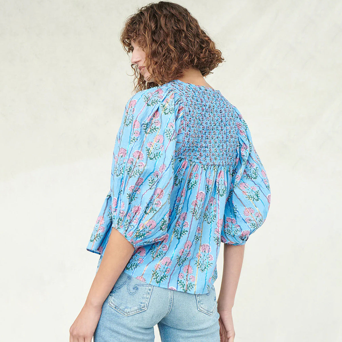 New Casual Womens Floral Chiffon Blouse With Puff Sleeves