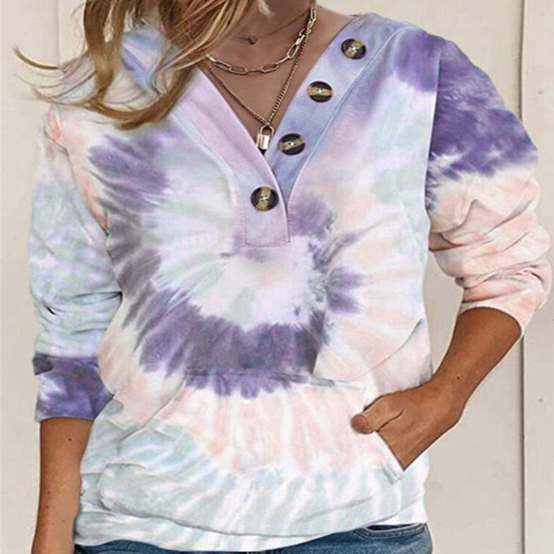 Løs tie-dye printet langærmet trøje med knapper til kvinder