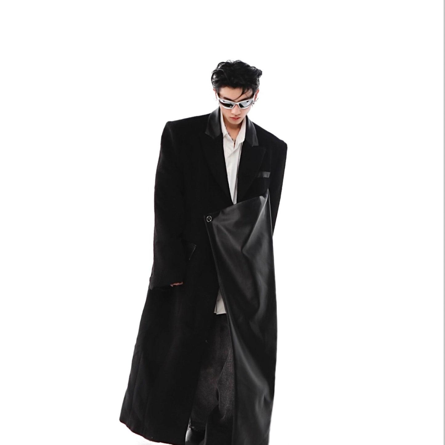Padded Shoulder Woolen Coat PU Leather Stitching Design Long Trench Coat White Over The Knee