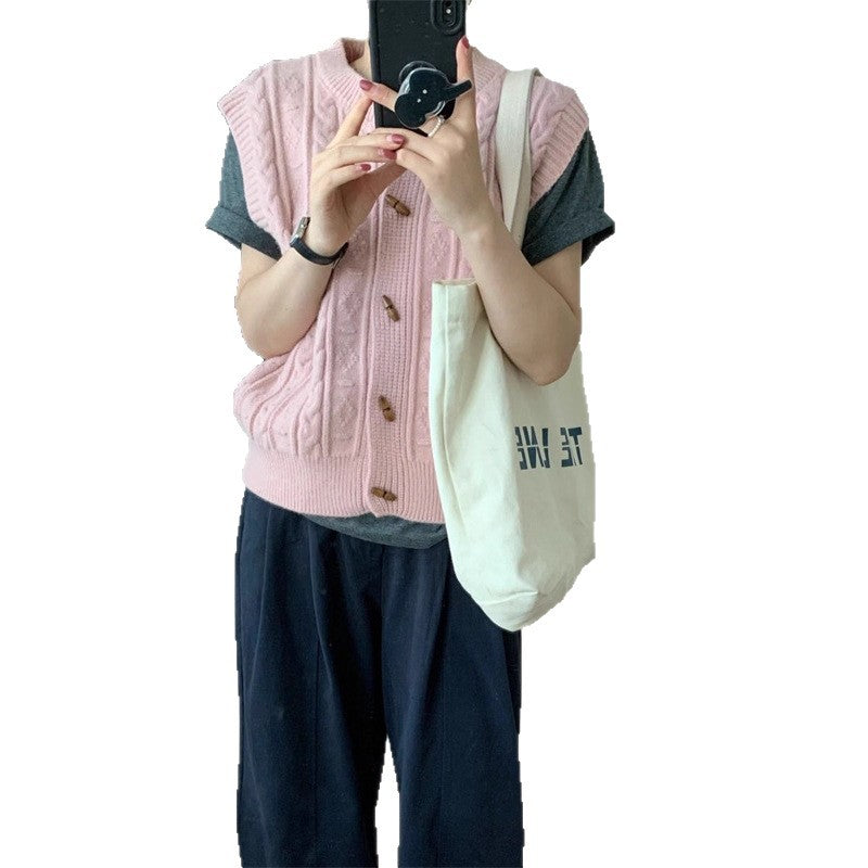 Round Neck Horn Button Knitted Cardigan Vest