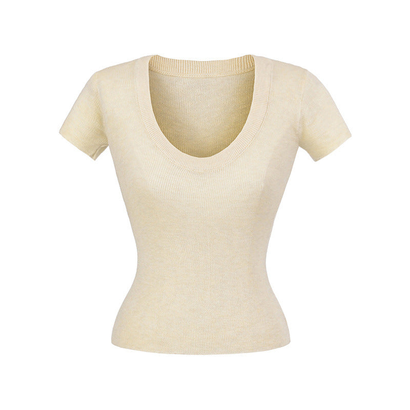 Europæisk og amerikansk stil hot girl uld scoop ensfarvet slim stretch top