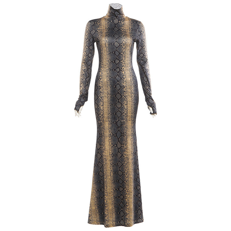 Womens Fashion Street-Style Printed Turtleneck Long-Sleeve Dress