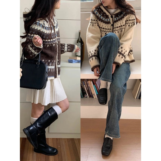 Vintage Jacquard Hooded Knitted Sweater Cardigan