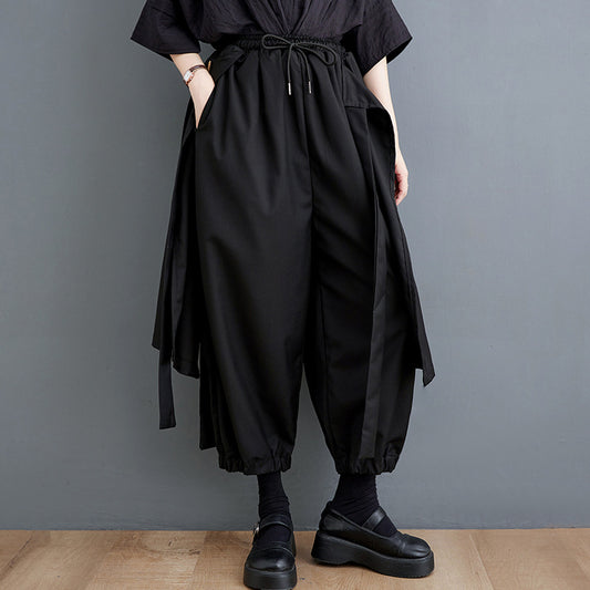 Dark Black Leggings With Cropped, Slim And Loose Fitting Wide Leg Pants