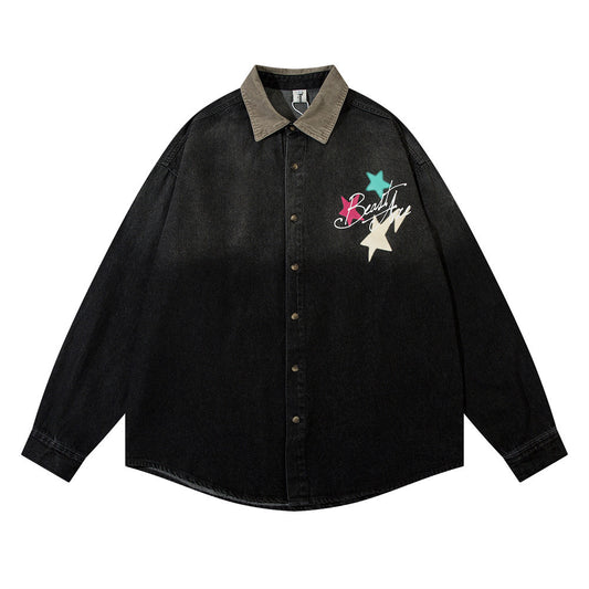 Trendy Design Five-pointed Star Letter Printing Denim Shirt