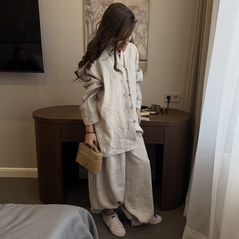 Casual Elevated Relaxed-fit Long-sleeve Shirt And Wide-leg Trousers Set
