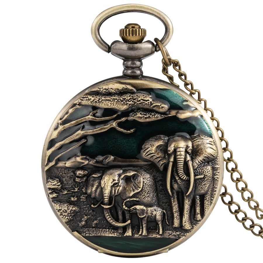 Elephant Pattern Quartz Pocket Retro Flip Casual Pocket Watch