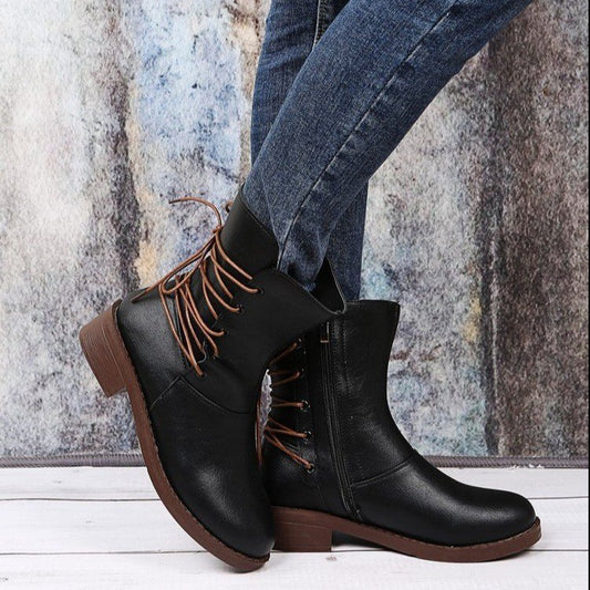 Fashion New Round Head Belt Buckle Thick Heel Martin Boots Women