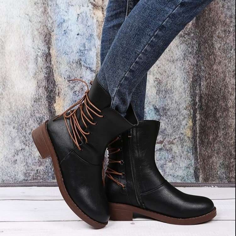 Fashion New Round Head Belt Buckle Thick Heel Martin Boots Women