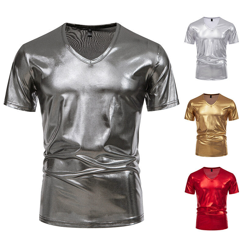 Summer Men's Glossy Bronzing T-shirt Male V-neck
