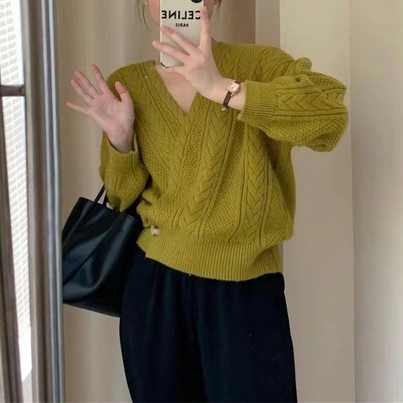 Korean Style V-neck Diagonal Button Twist Knitted Cardigan
