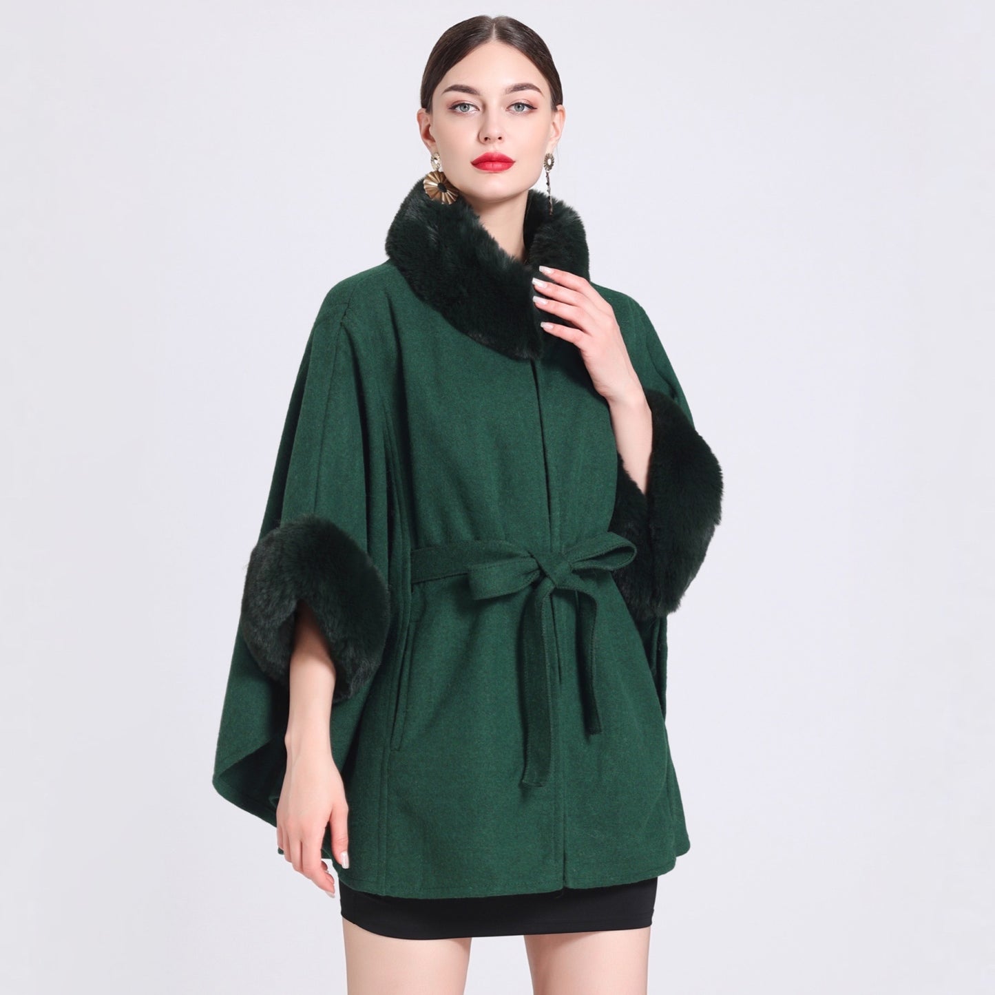 Rabbit Fur Collar Knitted Shawl Cape Lace-up Woolen Coat