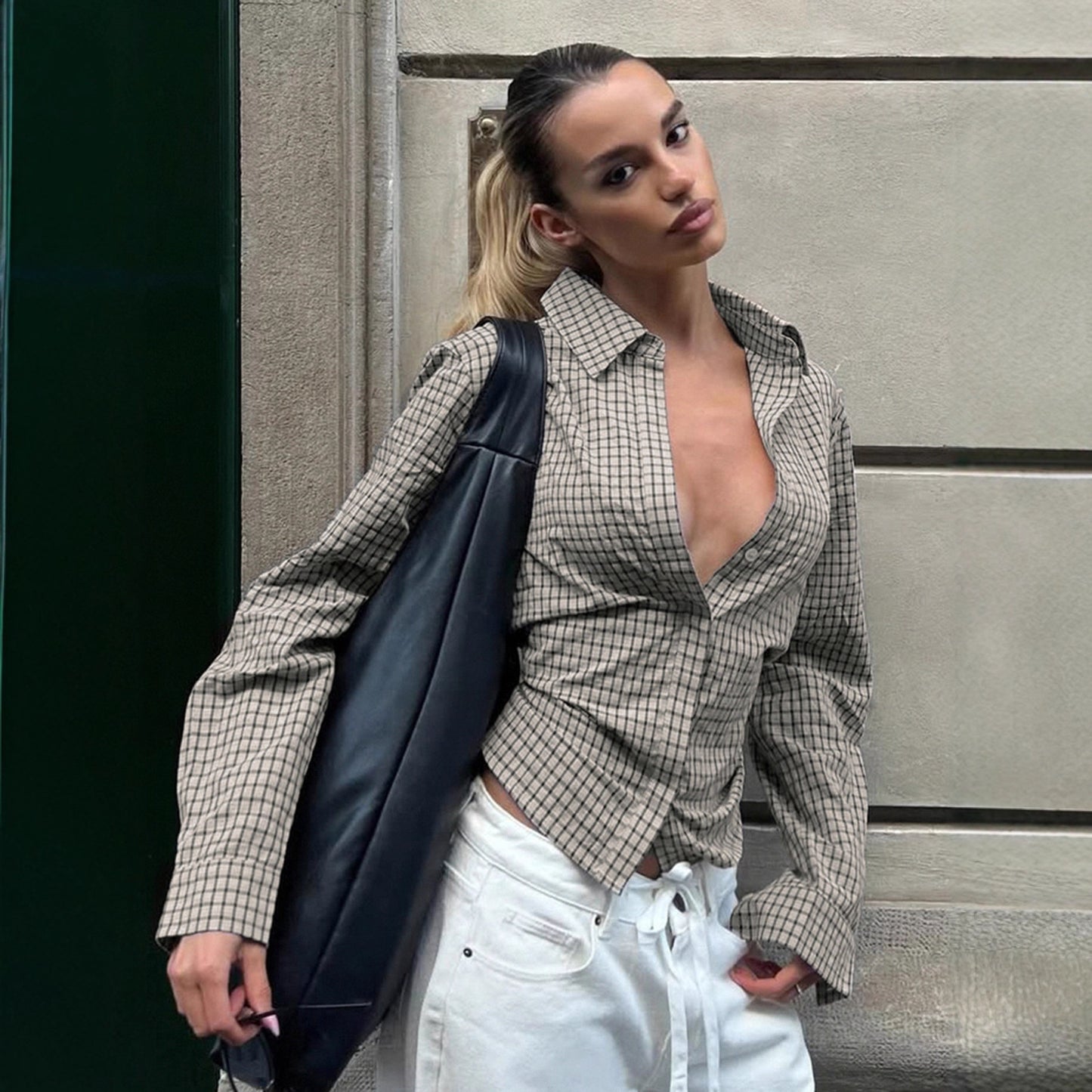 Retro Fitted-waist Tie-up Long-sleeve Plaid Shirt