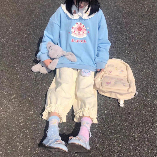 Autumn And Winter Set Female Student Korean Style Loose Cake Flowers Brushed Hoody Casual Bloomers Two Amazon