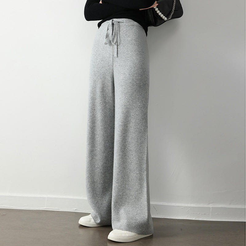 Stretch Elastic Waistband Lace-up Straight Wide-leg Pants