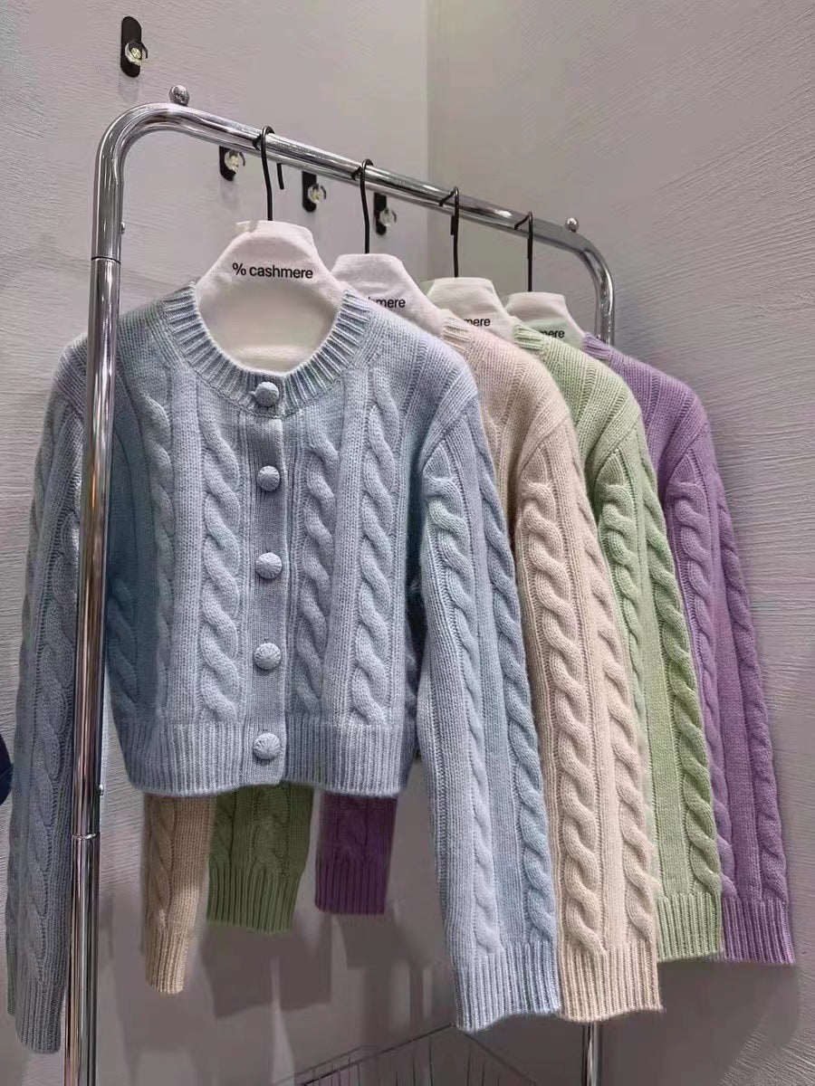 Lazy Round Neck Knitted Soft Glutinous Wool Cardigan Sweater Coat For Women