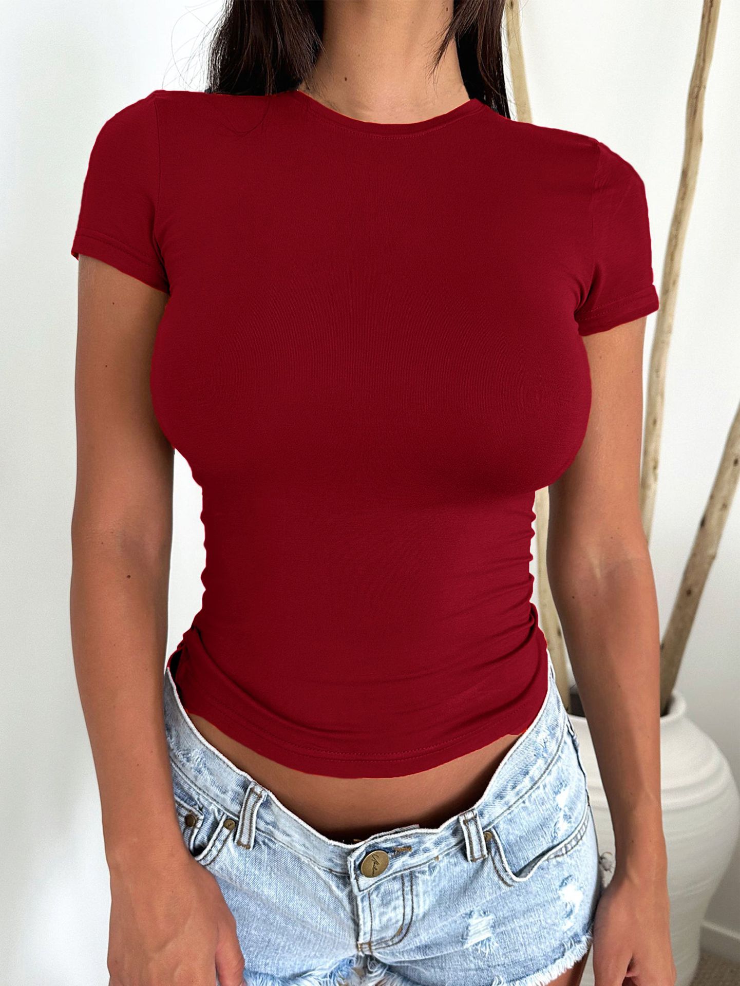 European And American Sexy Hot Girl Slim-fit Slimming Solid Color Short Sleeve