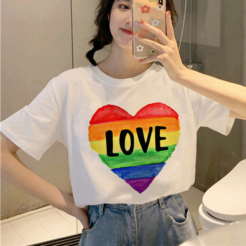 Personality Couple Wear Rainbow Letter Print Casual Short Sleeve T-Shirt