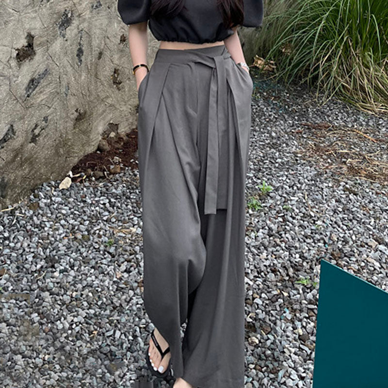 High Waist Pleated Asymmetrical Strap Design Wide Leg Draping Pants