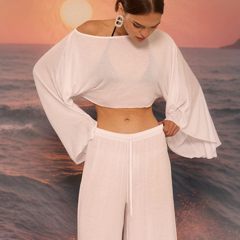 AutumnWinter Chic Off-the-Shoulder Midriff-Baring Loose Resort-Style Casual Pants Set