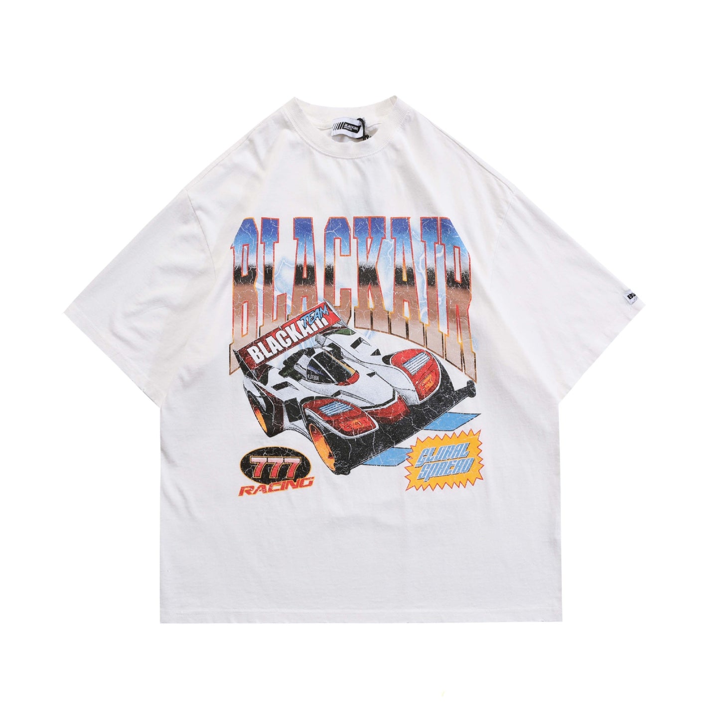 Vintage Vasket Slidt Løs Rundhals T-shirt med Direkte Print