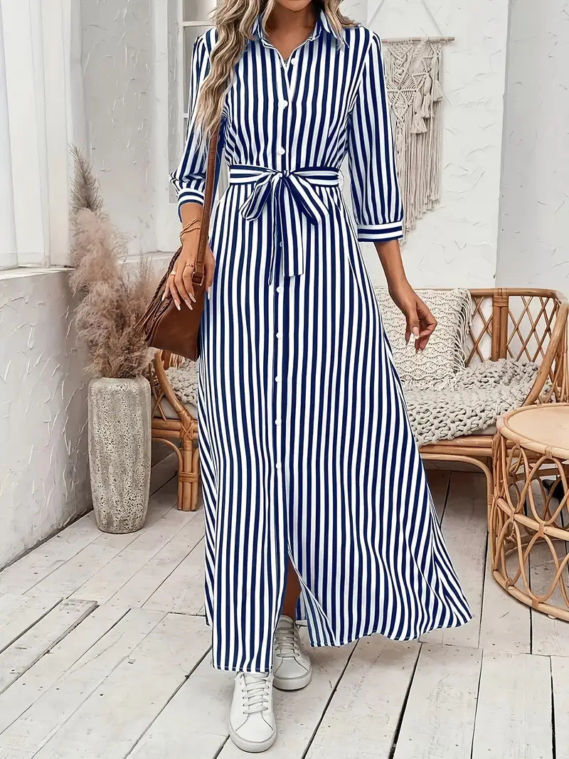Womens Fashion Striped Cardigan Lapel Shirt Dress