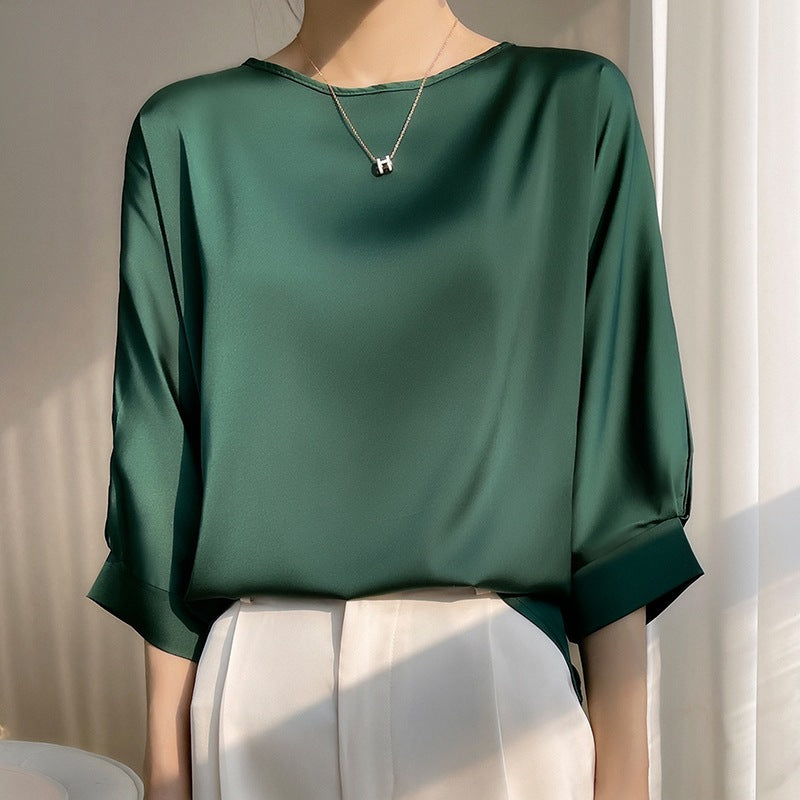 Dame Rund Hals Morbærsilke Løs Satin Kort Is-silke T-shirt Top