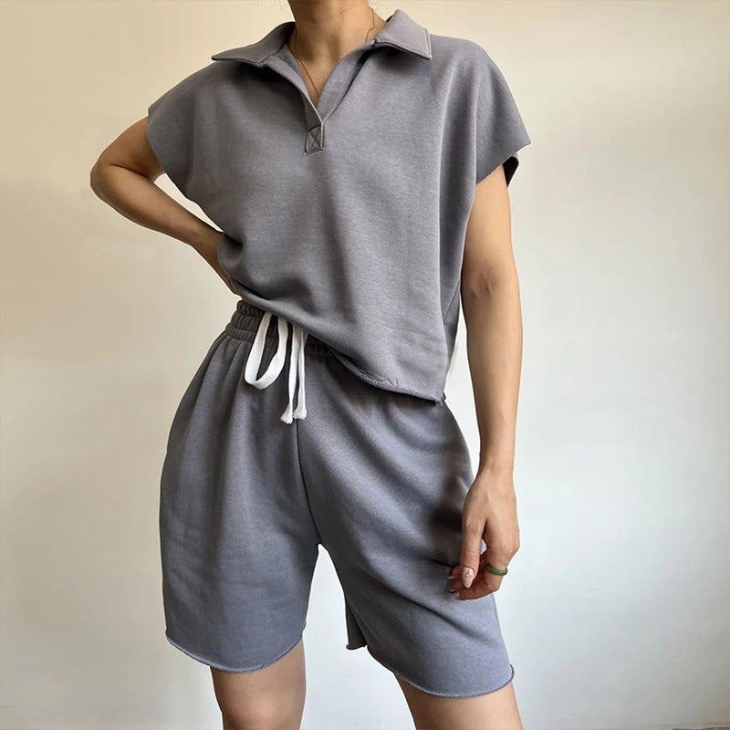 Lapel-collar Full-sleeve Loose Top And Drawstring Shorts Set