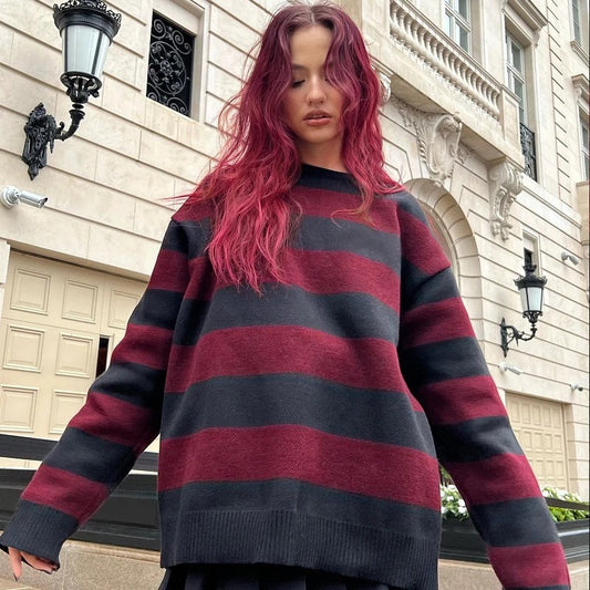 Classic Creative Striped Women's O Collar Pullover Sweater
