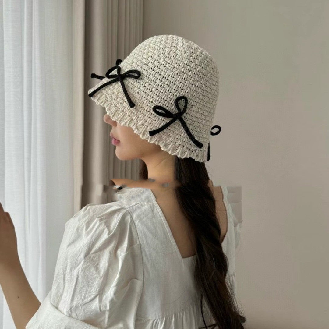 New Bow Woven Bucket Hat Cute Wild