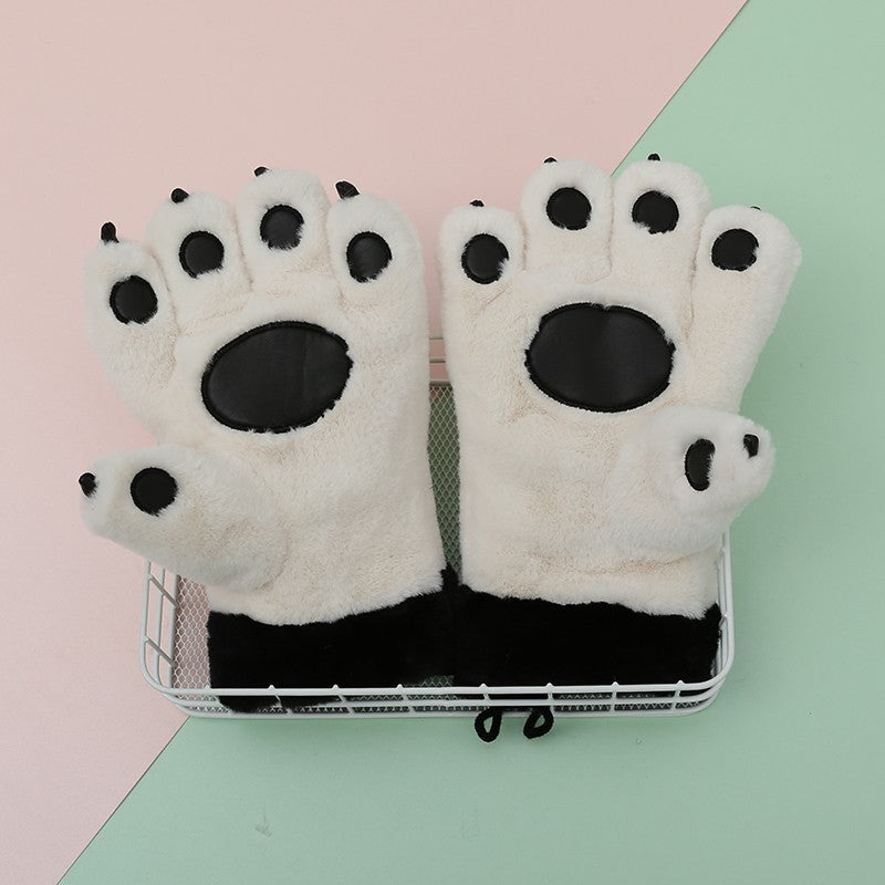 Cute Cartoon Bear Claw Plush Gloves Female Winter Warm Fleece-lined Thickened Hand-shaped Brush Road Bike Skiing