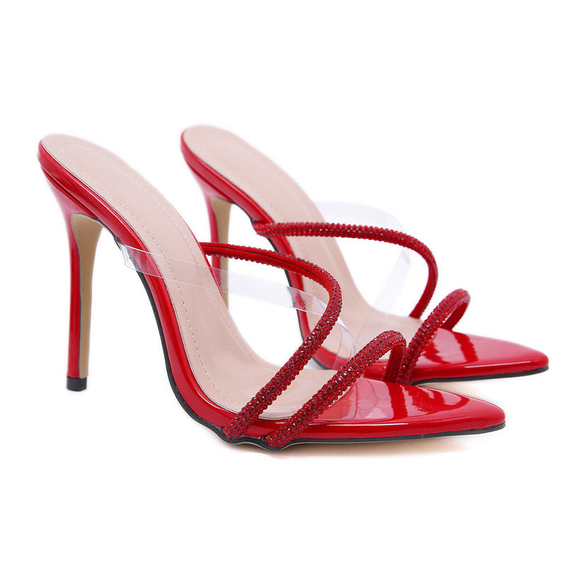 Pointed Toe Rhinestone Super High Heel Sandals And Slippers