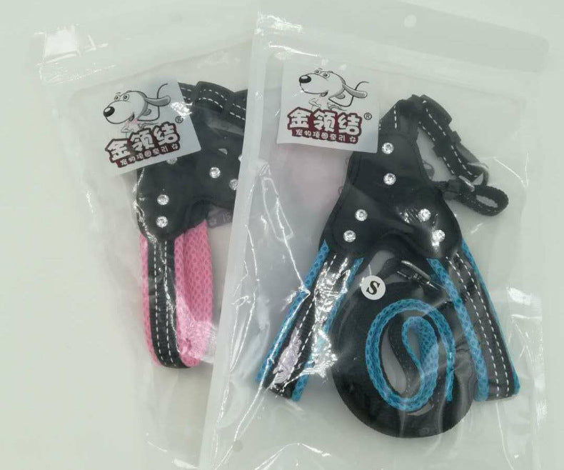 Komfortabelt Mesh Stof Skinnende Rhinestone Kæledyrs Håndholdt Reb Reflekterende Hundebrystrem Veststil