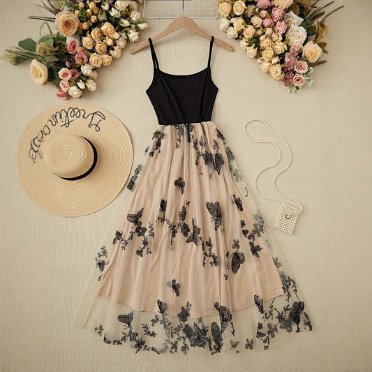 Black Rice Color-Block Butterfly-Print Slip Dress