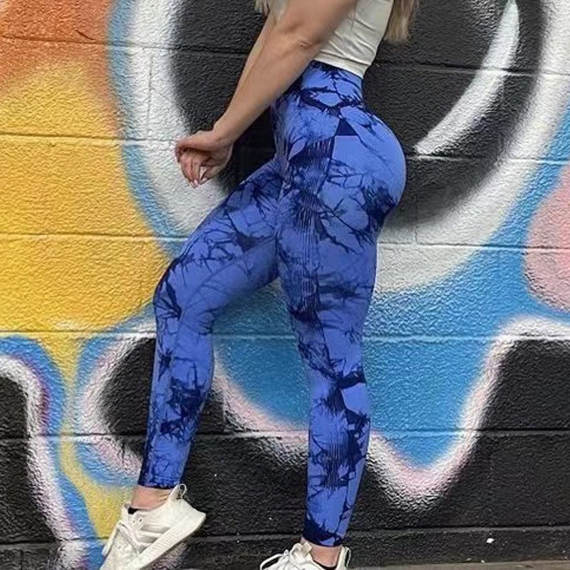 Women's Tie-dye Printed High Waist Seamless Peach Yoga Tight Trousers