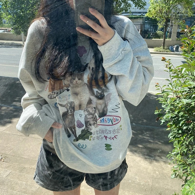 Mælk Kat Trykt Sweatshirt Efterår Vinter Langærmet Mode