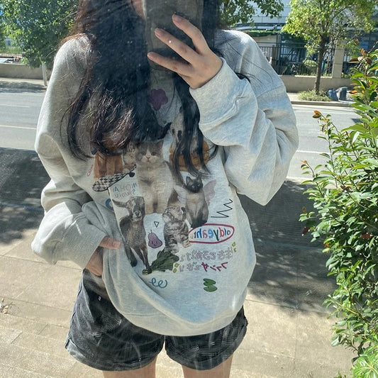 Mælk Kat Trykt Sweatshirt Efterår Vinter Langærmet Mode