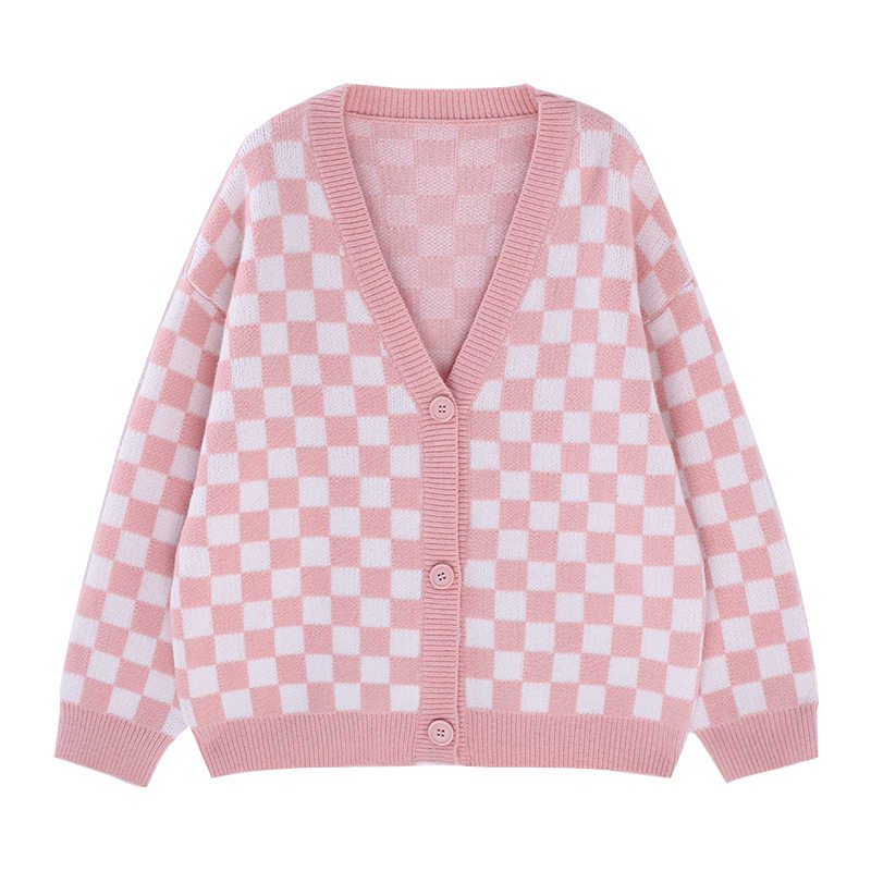 Chessboard Plaid V-neck Knitted Cardigan Coat Women's Loose Sweater