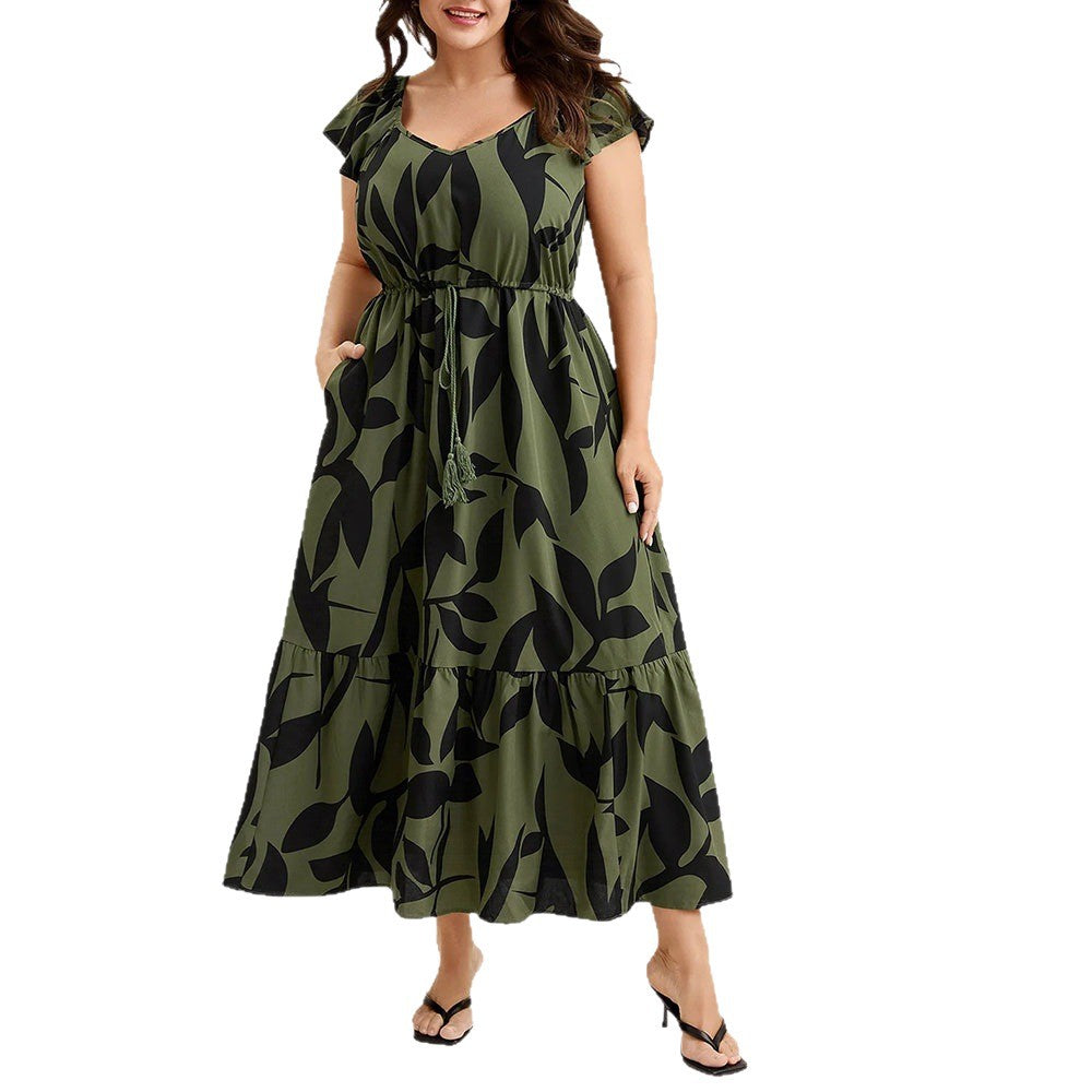 Floral Flutter-Sleeve Drawstring-Waist Maxi Midi Slimming Dress