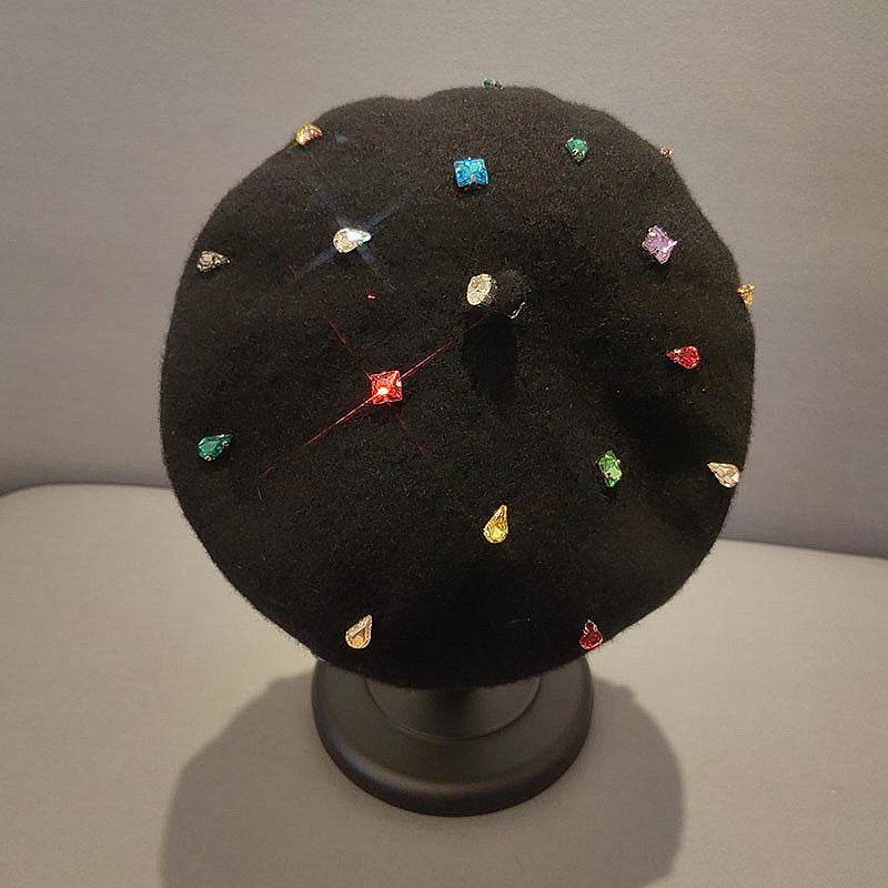 Diamond Beret Versatile Black Painter Hat Casual Warm Hat