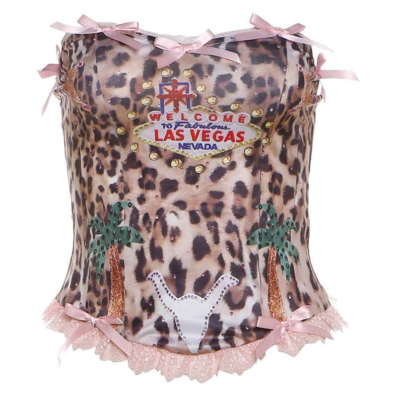 Womens Fresh & Sweet Backless Fitted Tank Top With Bow And Leopard Print