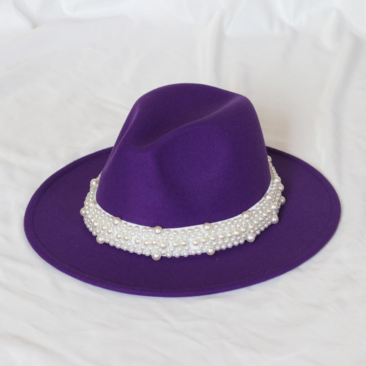 Handmade Pearl Top Hat Big Brim Fur Felt Hat