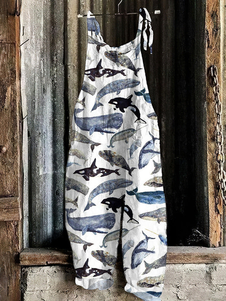 Women's Suspended Pants Sweet Printed Vintage Suspender Pants