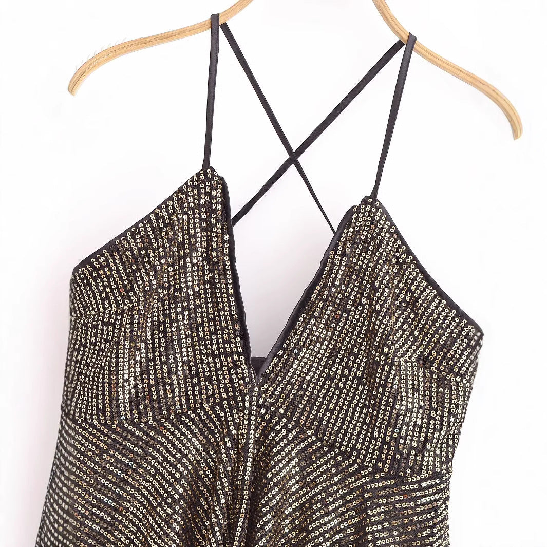 Womens Fashionable Sexy Sequin Cross-Back Camisole