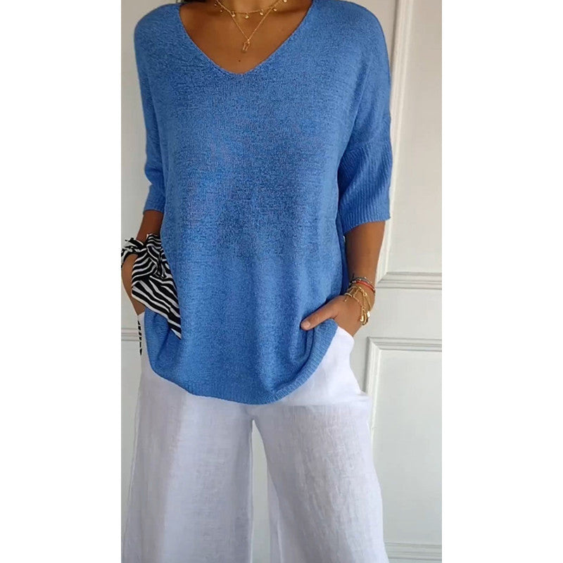 Strikket afslappet trøje, slankende V-udskæring, 3/4-ærme, dameundertrøje