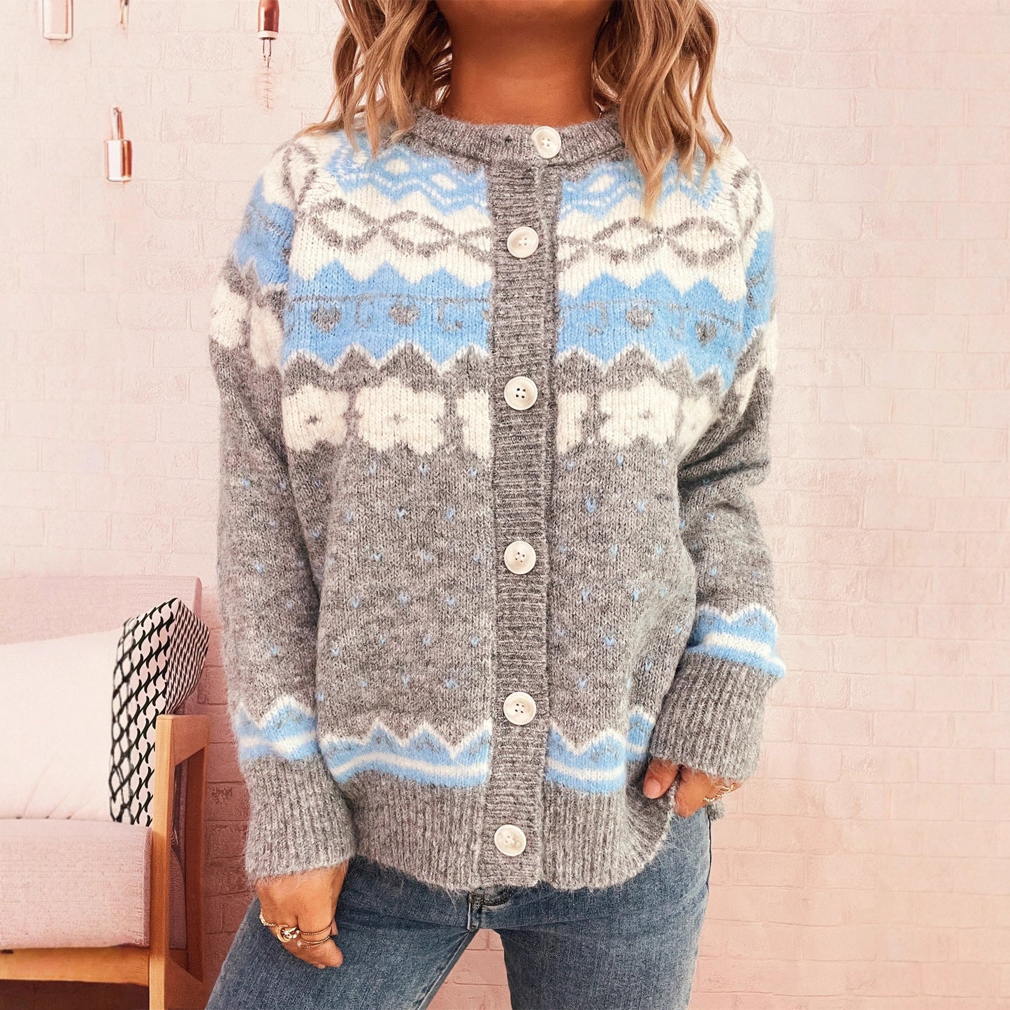 Retro Ethnic Style Knitted Jacquard Coat Round Neck Single-breasted Sweater