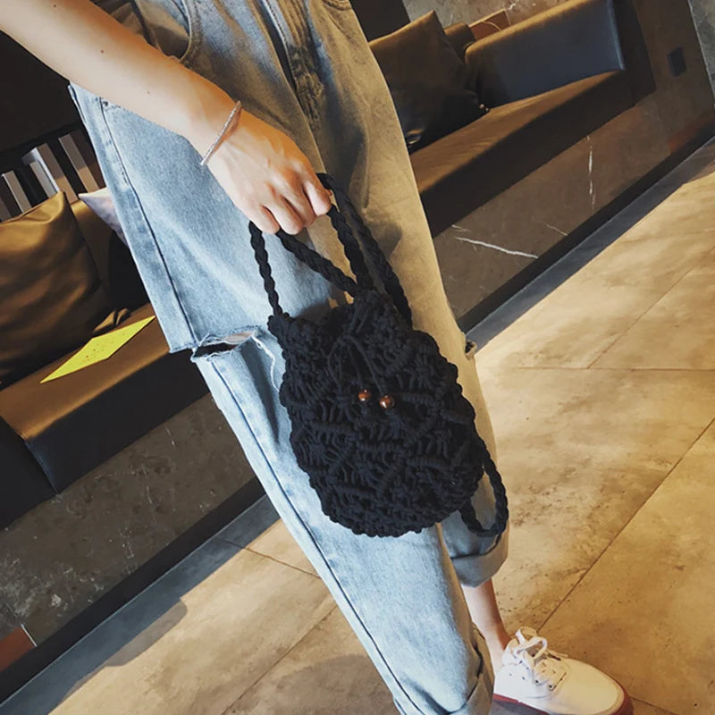 Women's Round Diagonal Cotton Crochet Tassel Small Bag
