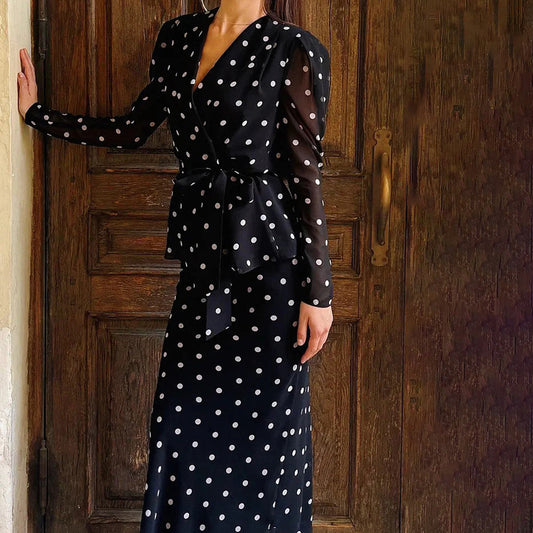 Elegant Mock Neck Tie Up Top And High Waist Midi Skirt Two Piece Set